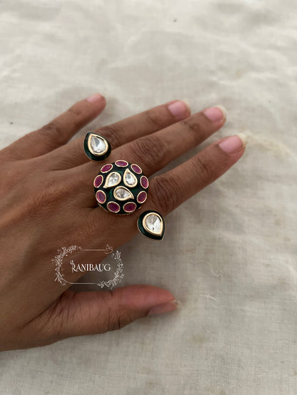 Anvikaya Floral Petal Polki Motif Gold Finish Dual Finger Festive Traditional Ring By Ranibaug