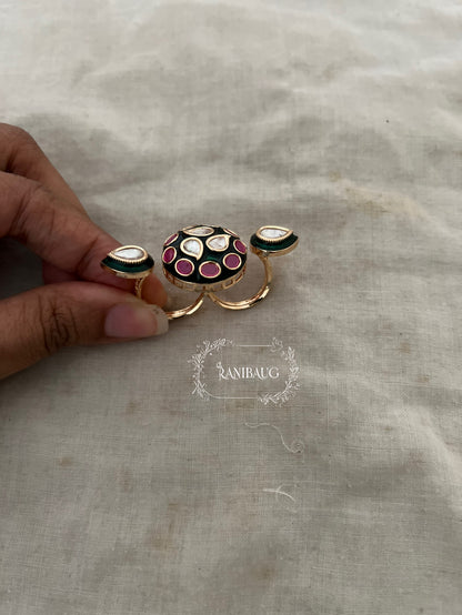 Anvikaya Floral Petal Polki Motif Gold Finish Dual Finger Festive Traditional Ring By Ranibaug