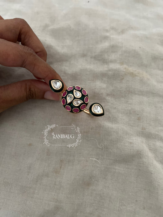 Anvikaya Floral Petal Polki Motif Gold Finish Dual Finger Festive Traditional Ring By Ranibaug