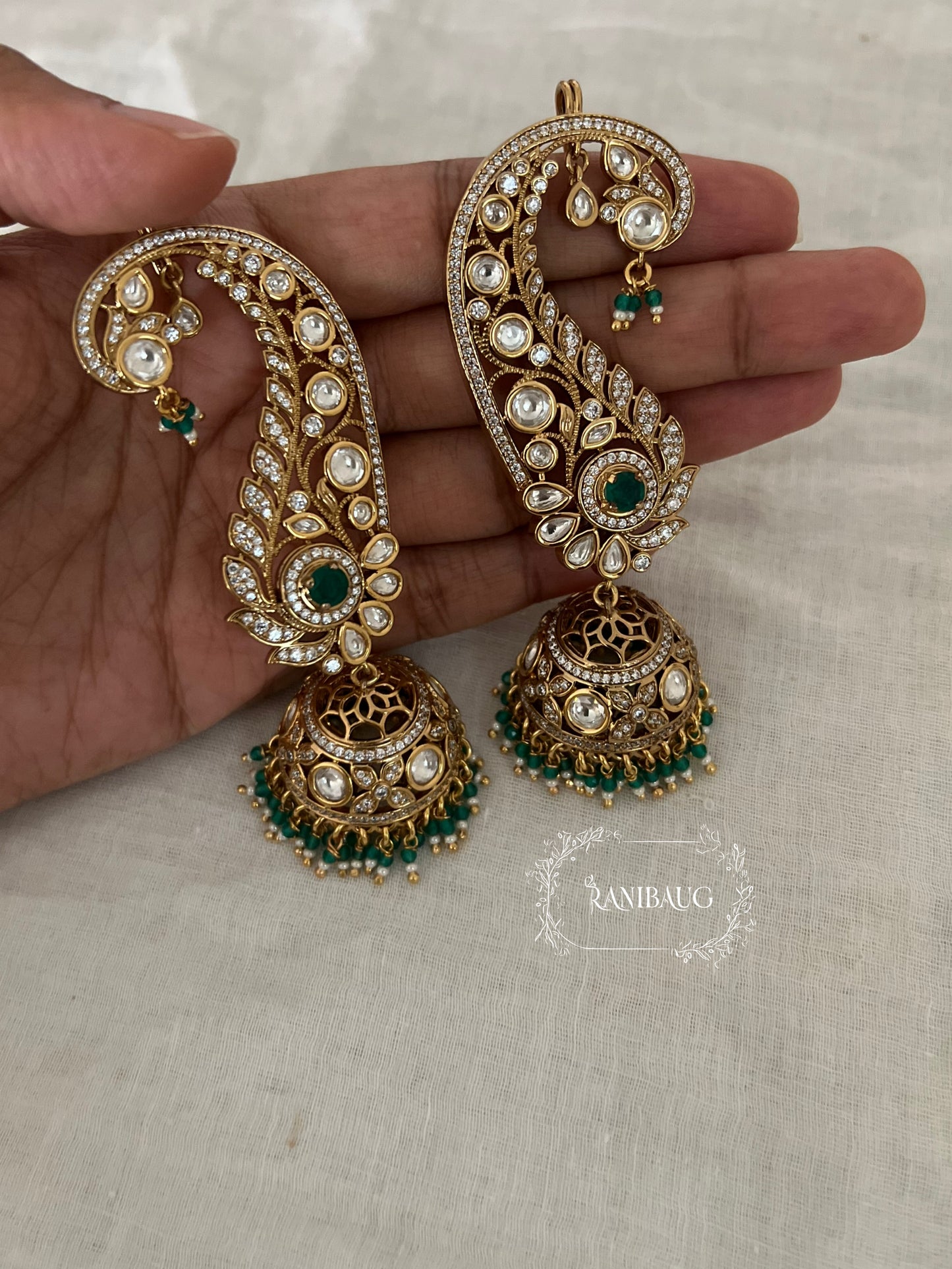 Anvita Emerald Rich Gold Finish Polki Ear Cuff Jhumka Earrings