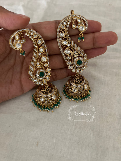 Anvita Emerald Rich Gold Finish Polki Ear Cuff Jhumka Earrings