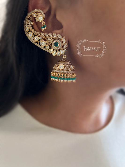 Anvita Emerald Rich Gold Finish Polki Ear Cuff Jhumka Earrings