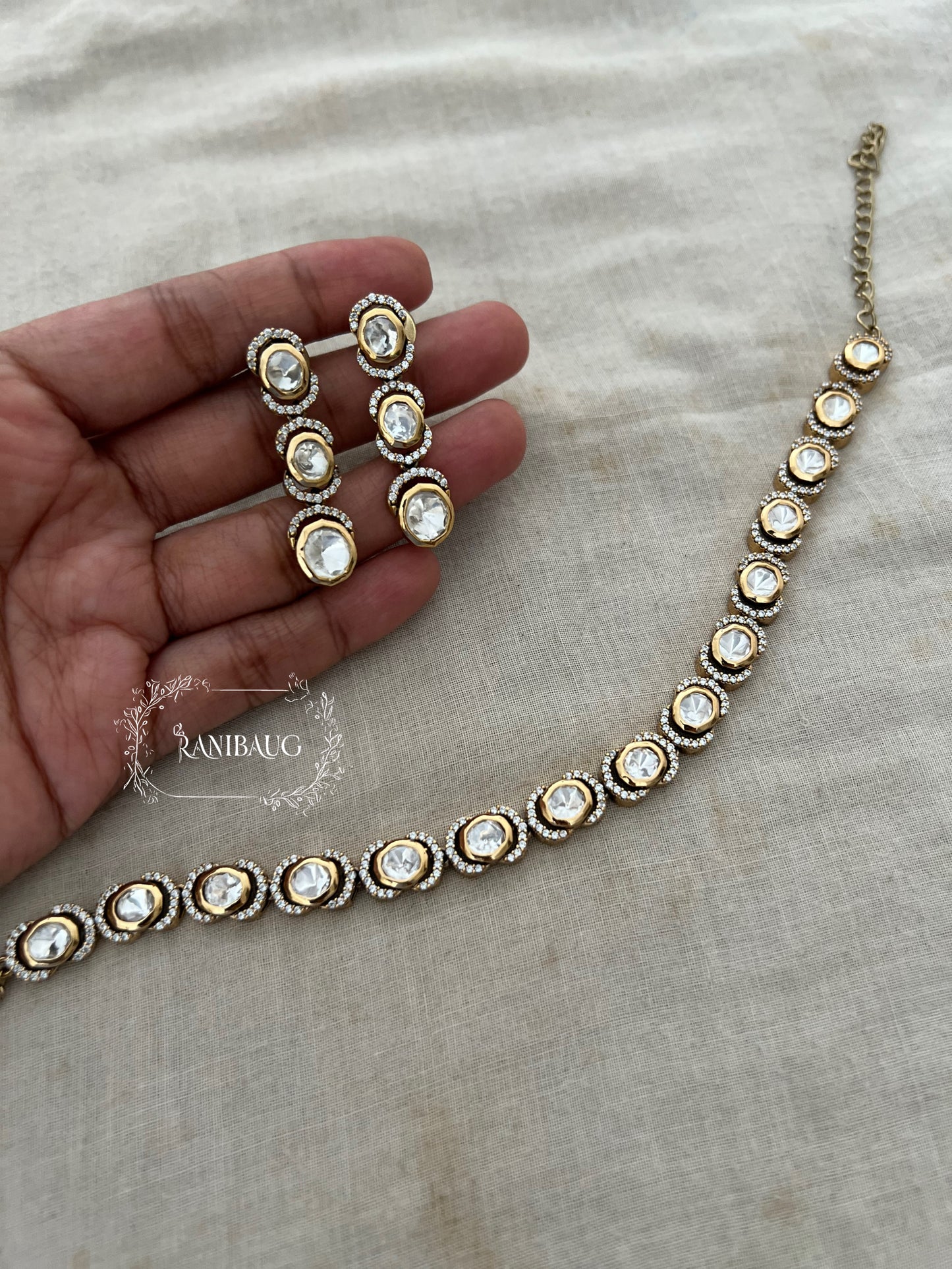 Anvita Round Polki And Zirconnia Geometric Design Gold Finish Chain Necklace Set By Ranibaug