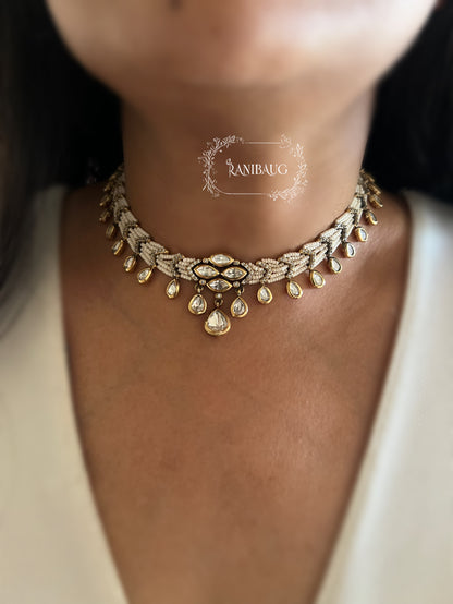 Anviya Pearl Leaf Vine Mossainite Polki Victorian Royal Necklace Set By Ranibaug