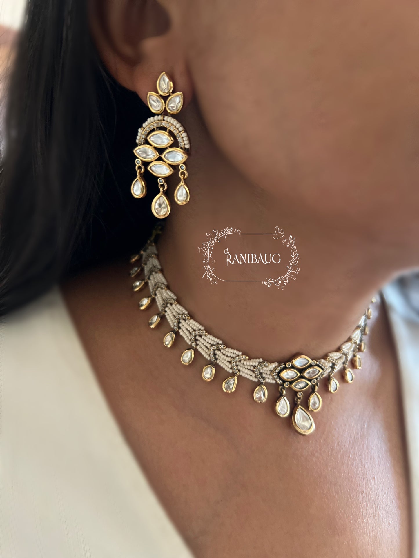 Anviya Pearl Leaf Vine Mossainite Polki Victorian Royal Necklace Set By Ranibaug
