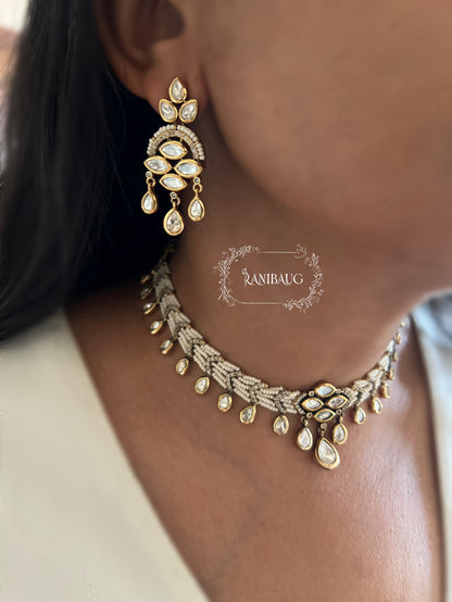 Anviya Pearl Leaf Vine Mossainite Polki Victorian Royal Necklace Set By Ranibaug