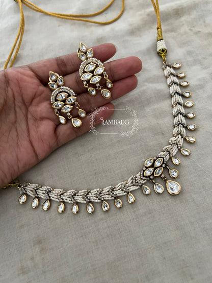 Anviya Pearl Leaf Vine Mossainite Polki Victorian Royal Necklace Set By Ranibaug