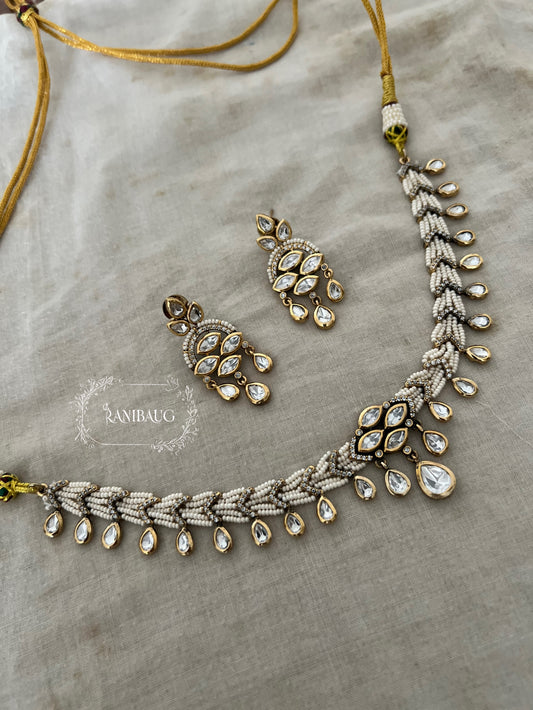 Anviya Pearl Leaf Vine Mossainite Polki Victorian Royal Necklace Set By Ranibaug