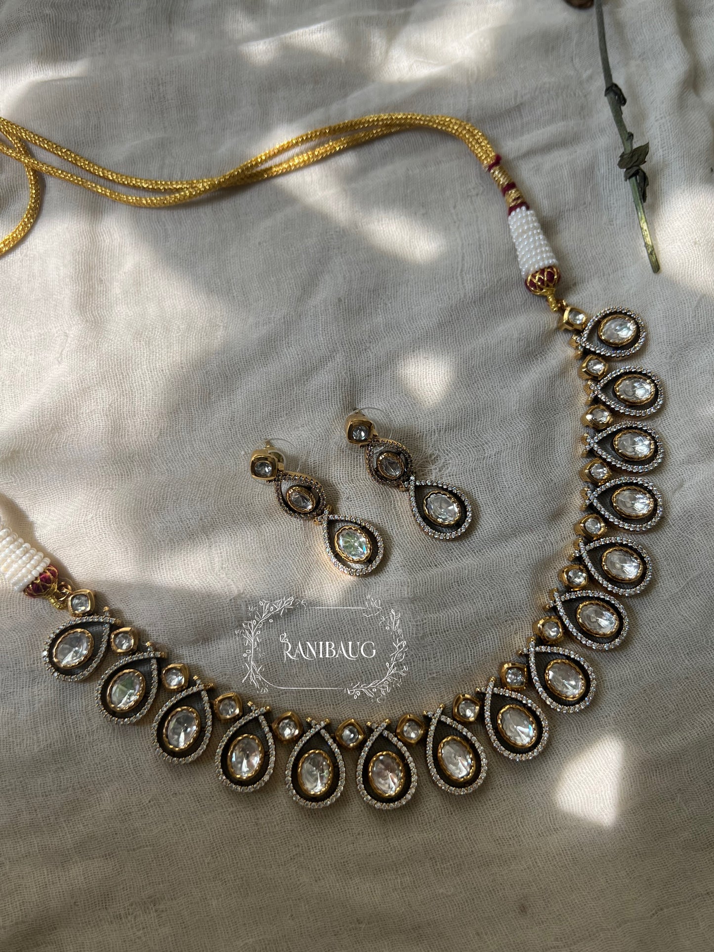 Anya Teardrop Mossainite Kundan Single Line Sleek Necklace In Premium Gold Finish By Ranibaug