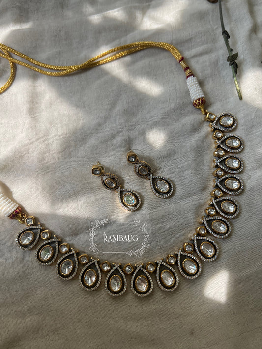 Anya Teardrop Mossainite Kundan Single Line Sleek Necklace In Premium Gold Finish By Ranibaug