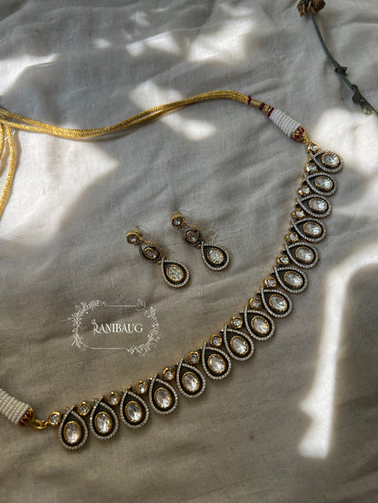 Anya Teardrop Mossainite Kundan Single Line Sleek Necklace In Premium Gold Finish By Ranibaug