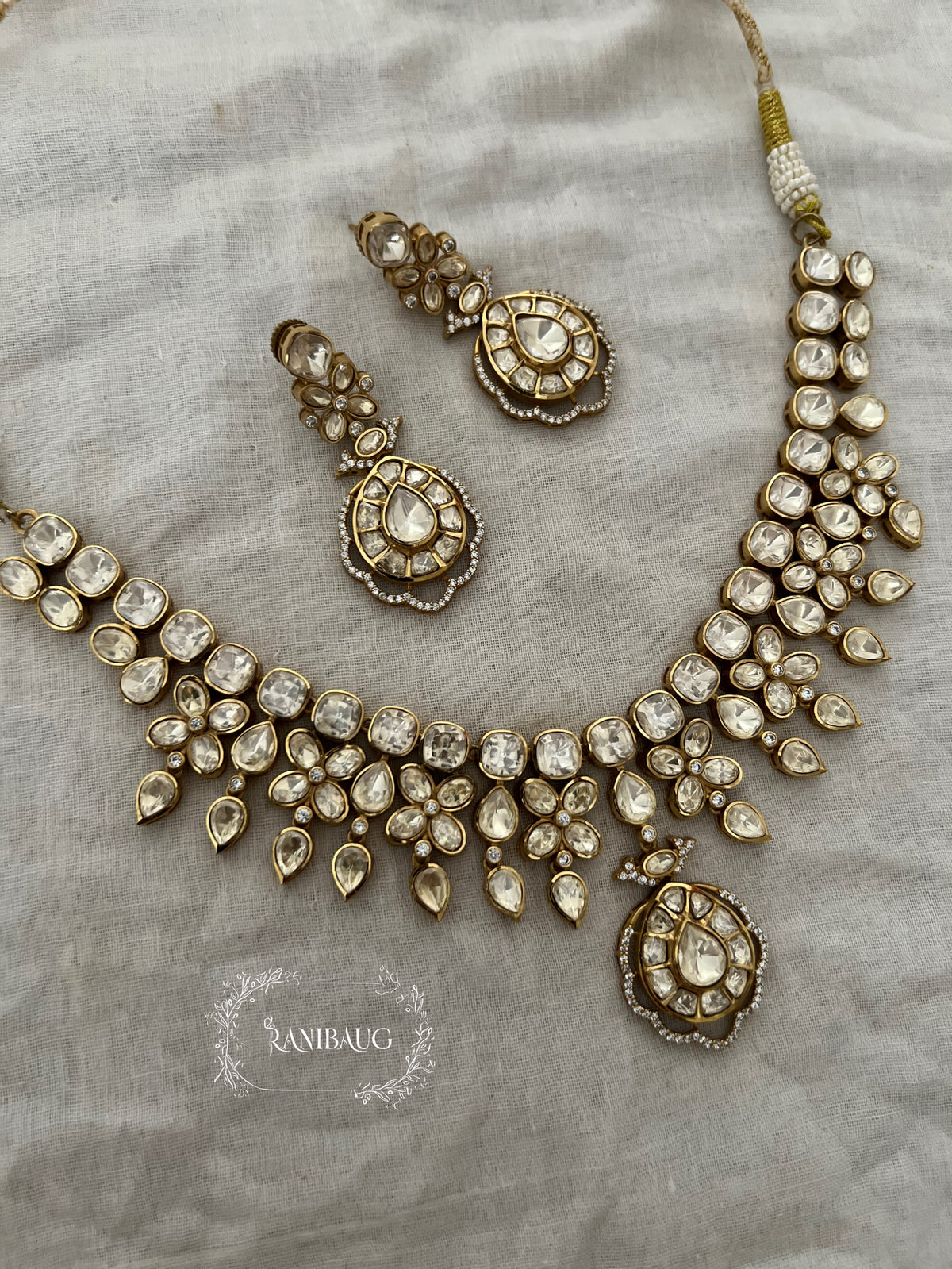 Apeksha Polki Studded Royal Gold Finish Festive Necklace Jewellery Set By Ranibaug