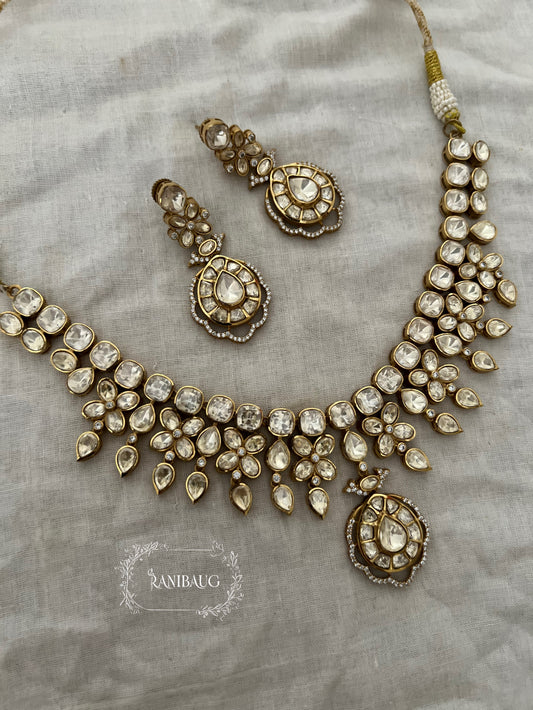 Apeksha Polki Studded Royal Gold Finish Festive Necklace Jewellery Set By Ranibaug