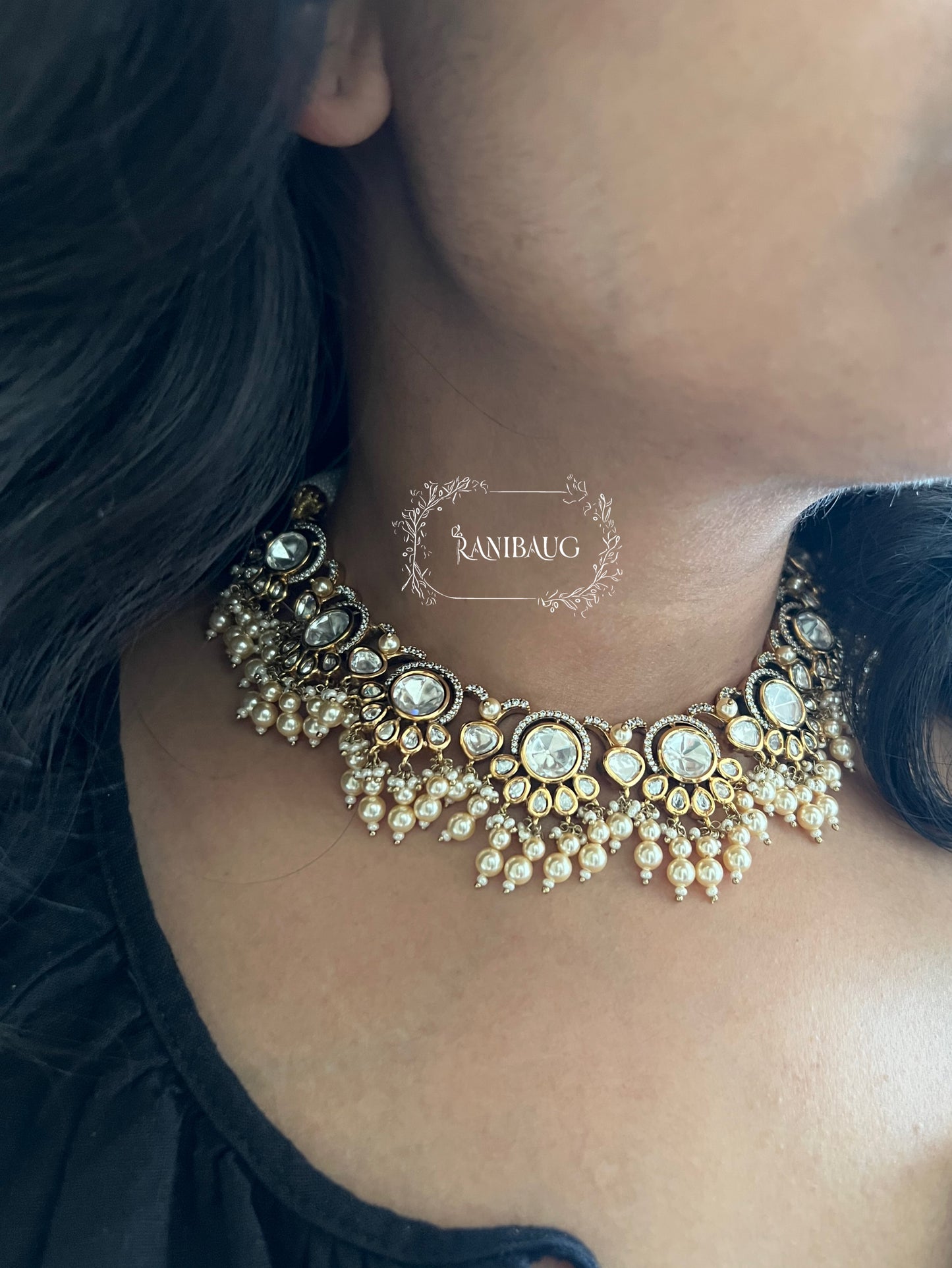 Aradhna Polki Necklace Jewelry Set In Premium Gold Finish With Dangling Pearls By Ranibaug