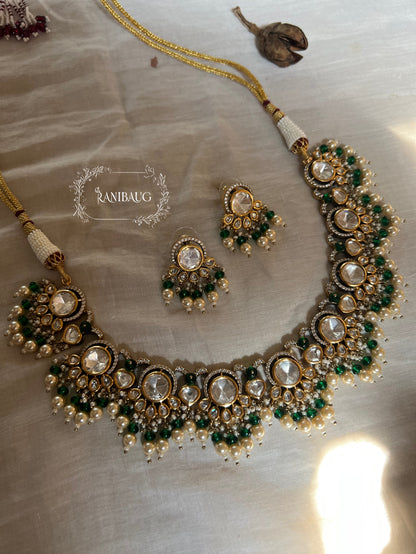 Aradhna Polki Necklace Jewelry Set In Premium Gold Finish With Dangling Pearls By Ranibaug
