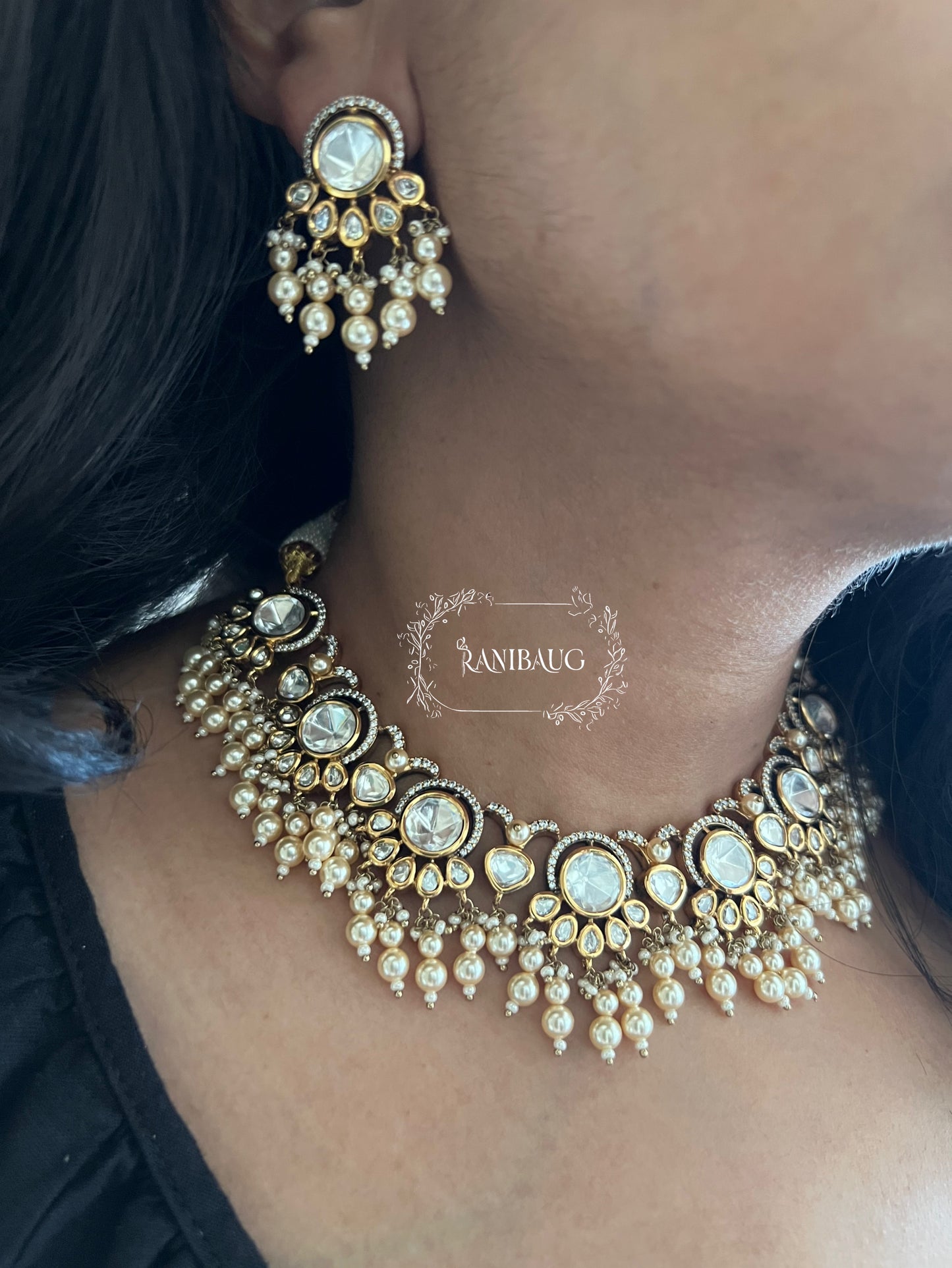 Aradhna Polki Necklace Jewelry Set In Premium Gold Finish With Dangling Pearls By Ranibaug