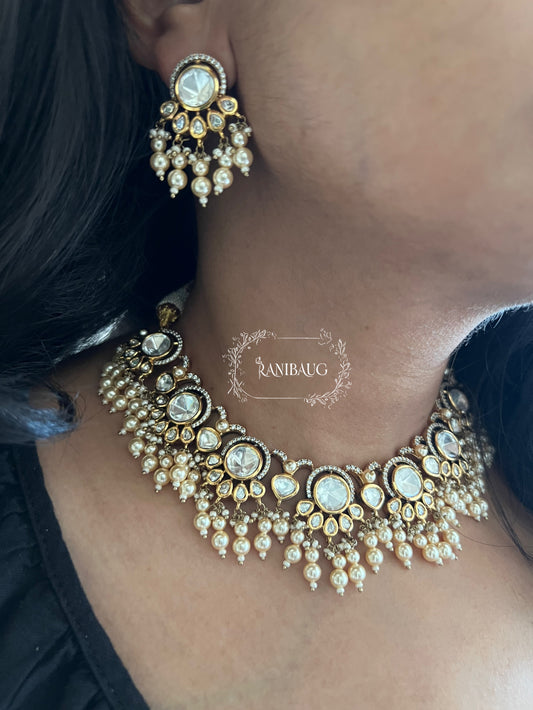 Aradhna Polki Necklace Jewelry Set In Premium Gold Finish With Dangling Pearls By Ranibaug