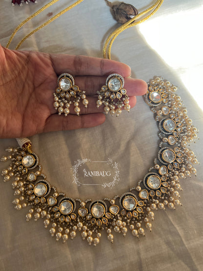 Aradhna Polki Necklace Jewelry Set In Premium Gold Finish With Dangling Pearls By Ranibaug