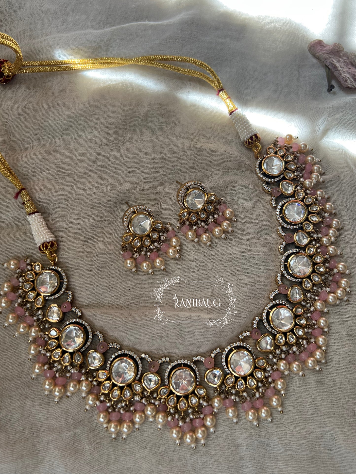 Aradhna Polki Necklace Jewelry Set In Premium Gold Finish With Dangling Pearls By Ranibaug