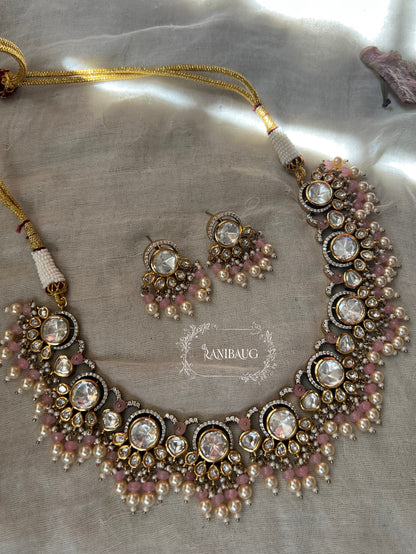 Aradhna Polki Necklace Jewelry Set In Premium Gold Finish With Dangling Pearls By Ranibaug