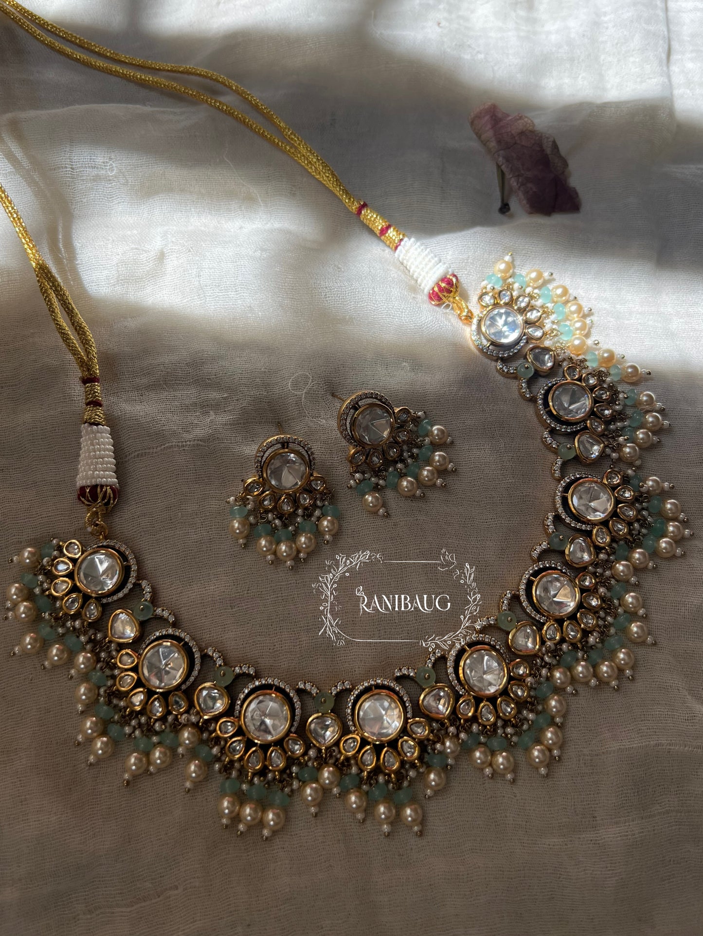 Aradhna Polki Necklace Jewelry Set In Premium Gold Finish With Dangling Pearls By Ranibaug