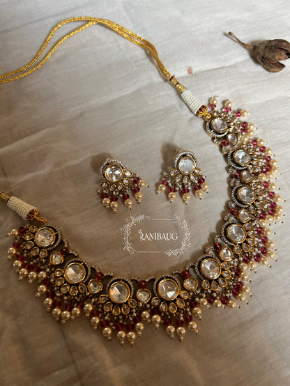 Aradhna Polki Necklace Jewelry Set In Premium Gold Finish With Dangling Pearls By Ranibaug