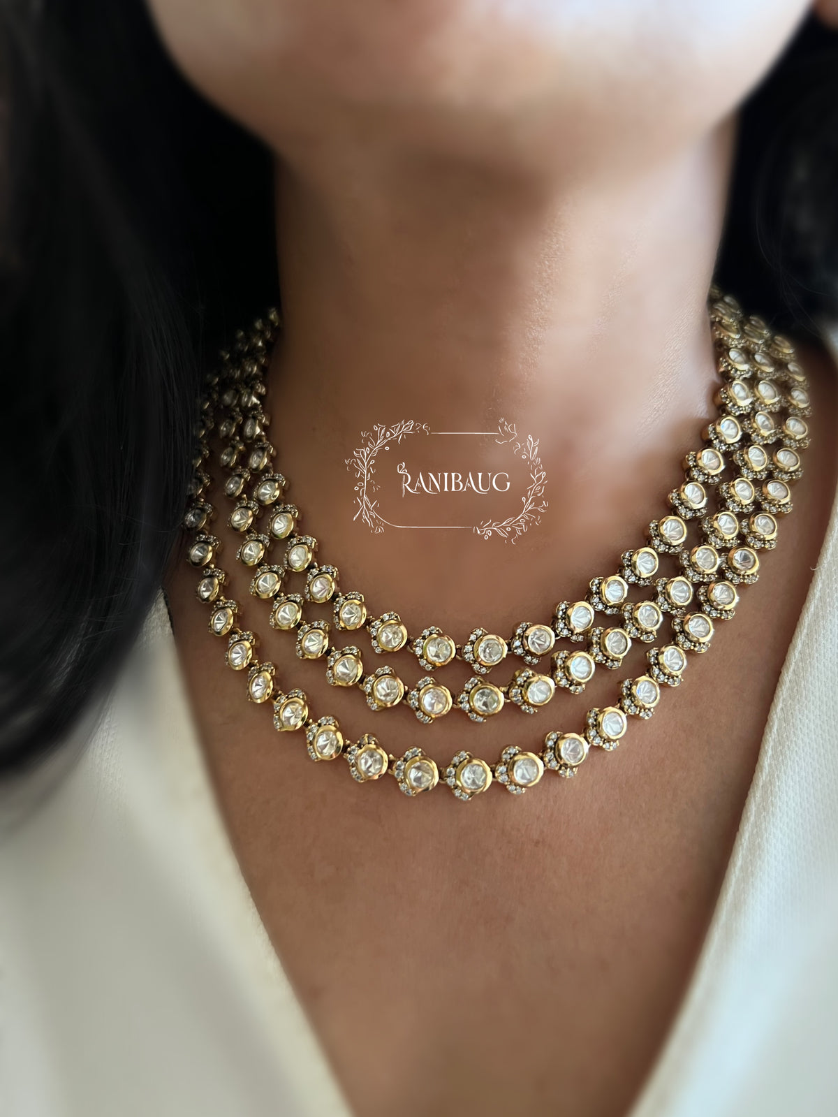 Aradhya Polki Kundan Rich Gold Finish Three Layered Royal Necklace Jewellery Set By Ranibaug