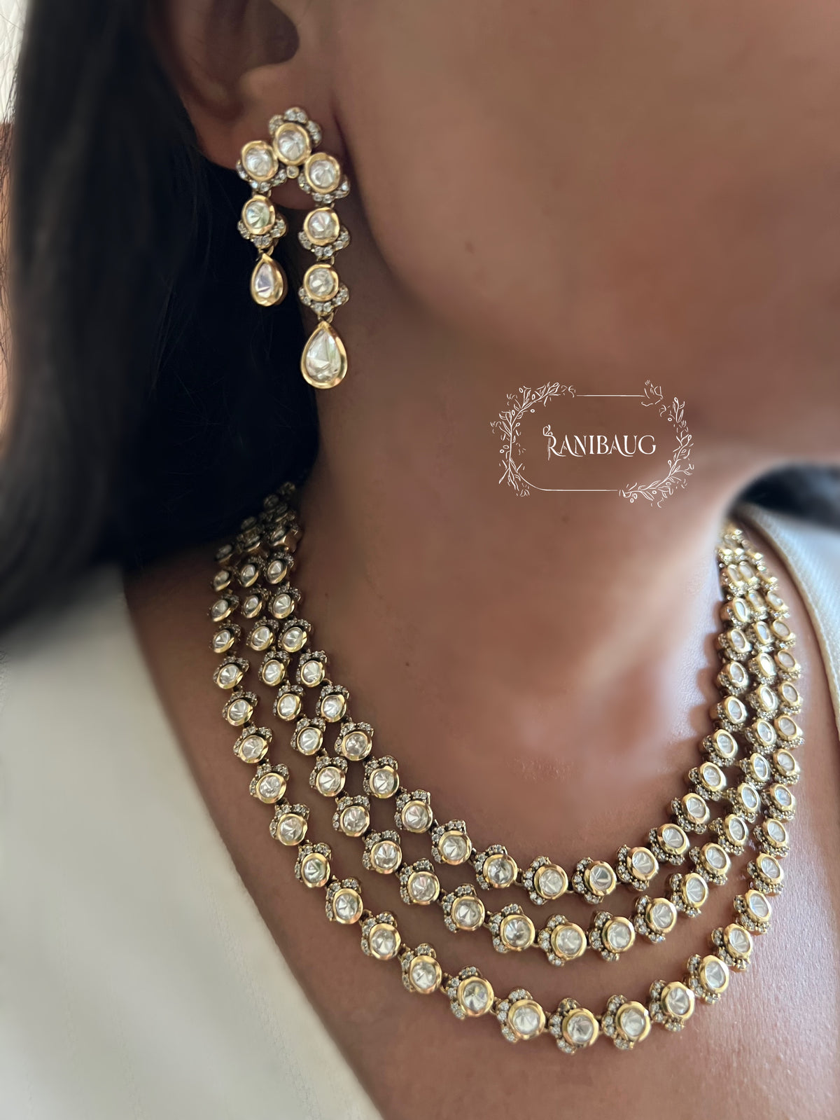 Aradhya Polki Kundan Rich Gold Finish Three Layered Royal Necklace Jewellery Set By Ranibaug