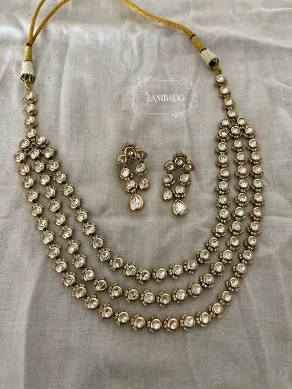 Aradhya Polki Kundan Rich Gold Finish Three Layered Royal Necklace Jewellery Set By Ranibaug