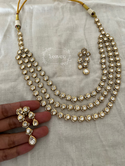 Aradhya Polki Kundan Rich Gold Finish Three Layered Royal Necklace Jewellery Set By Ranibaug