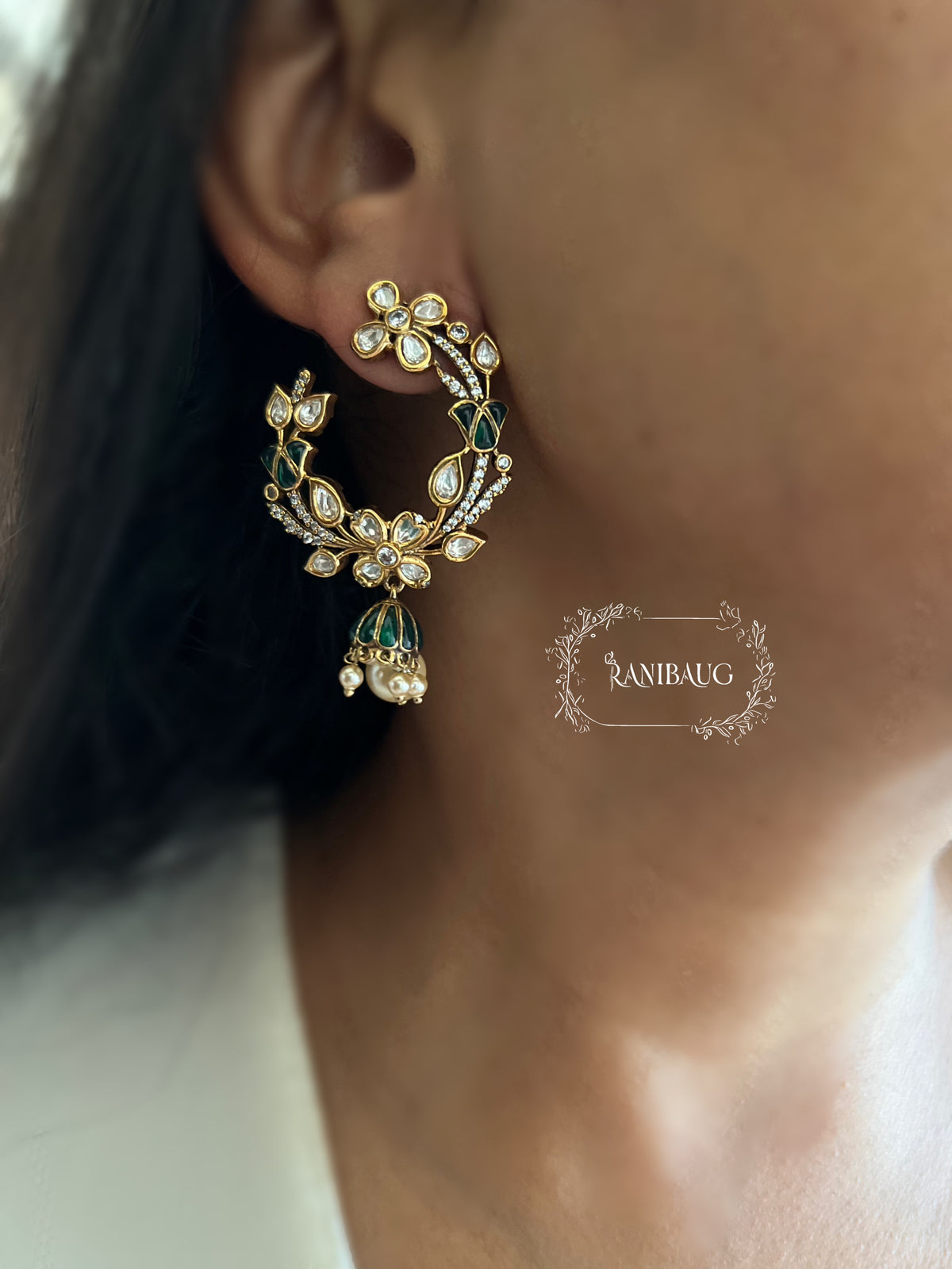 Arakshi Meenakari Style Floral Crescent Pearl Drop Earrings By Ranibaug