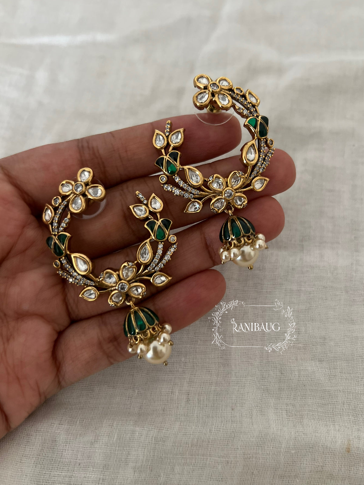 Arakshi Meenakari Style Floral Crescent Pearl Drop Earrings By Ranibaug