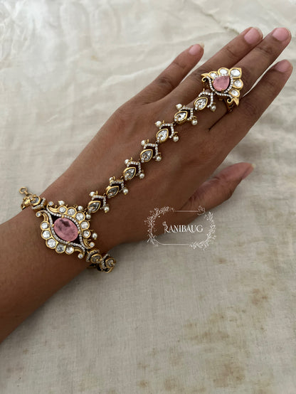 Aranya Gold Finish Polki Studded Colored Stone Haathphool By Ranibaug