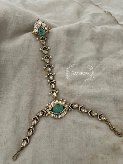 Aranya Gold Finish Polki Studded Colored Stone Haathphool By Ranibaug