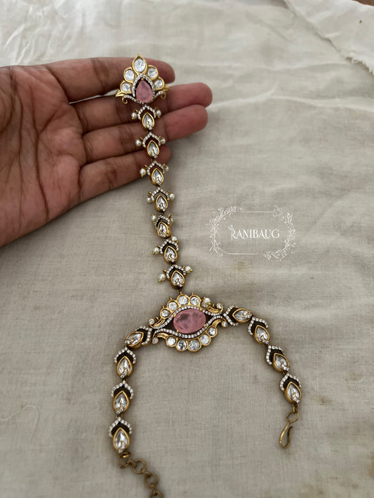 Aranya Gold Finish Polki Studded Colored Stone Haathphool By Ranibaug