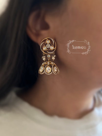 Aravika Victorian Finish Geometric Polki Studded Jhumka Earrings By Ranibaug