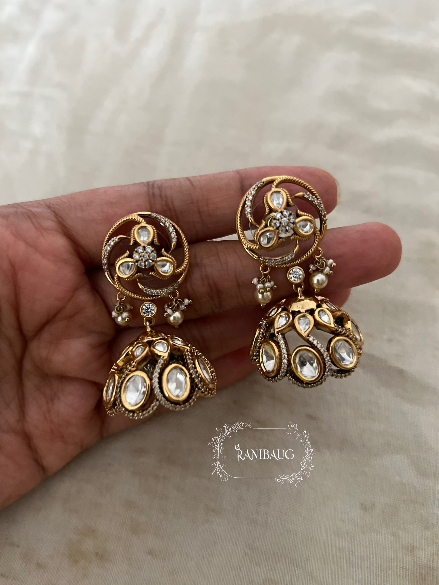 Aravika Victorian Finish Geometric Polki Studded Jhumka Earrings By Ranibaug
