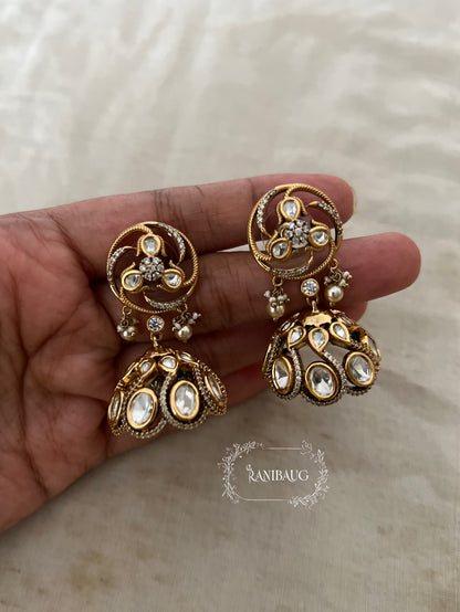 Aravika Victorian Finish Geometric Polki Studded Jhumka Earrings By Ranibaug