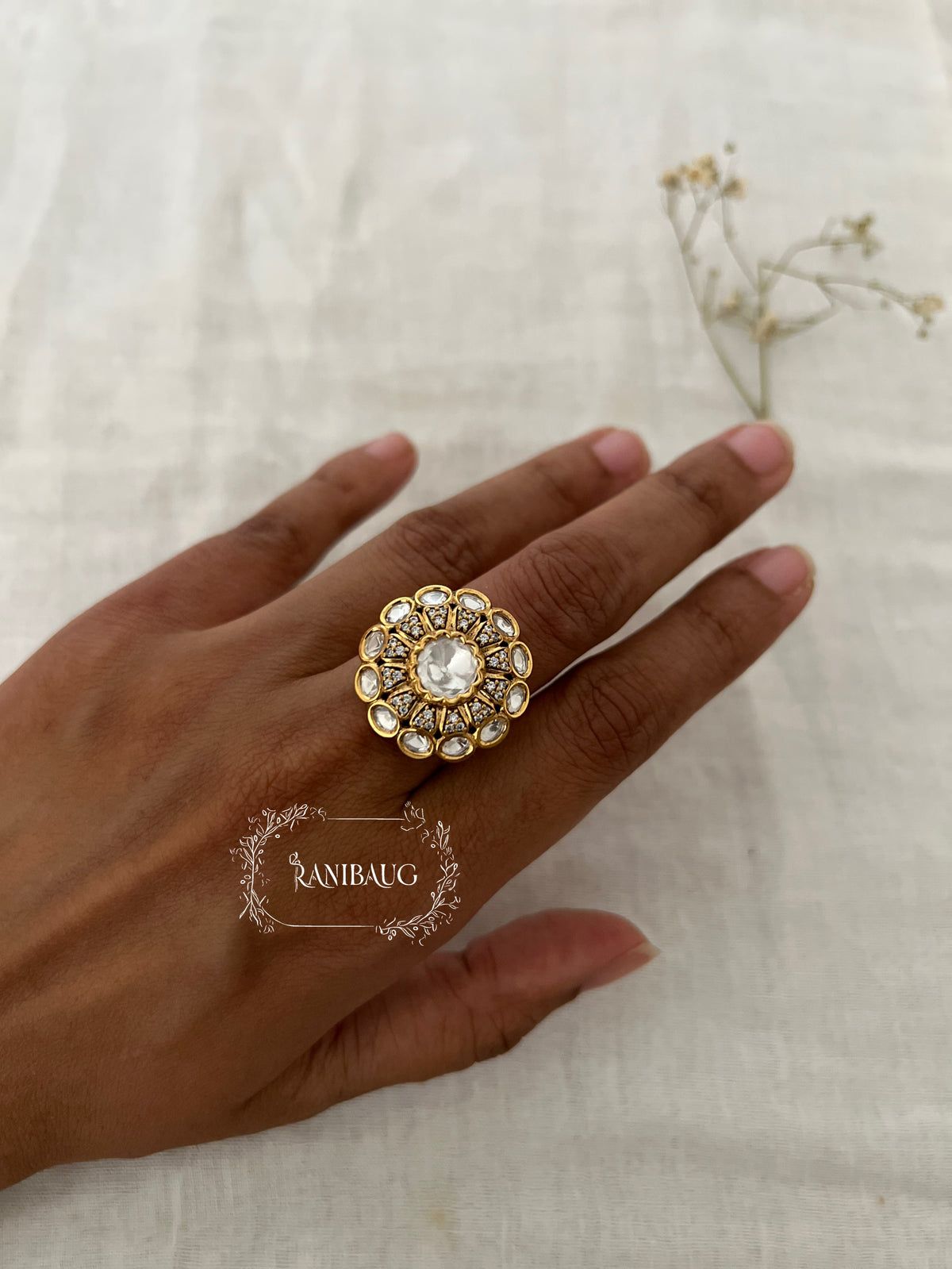 Arshna Minimal Gold Kundan Round Floral Motif Classic Ring Jewelry By Ranibaug