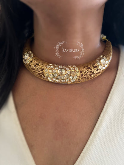 Arunaya Modern Polki Gold Finish Jali Designer Choker Jewellery Set By Ranibaug