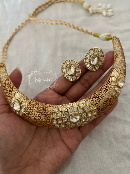 Arunaya Modern Polki Gold Finish Jali Designer Choker Jewellery Set By Ranibaug