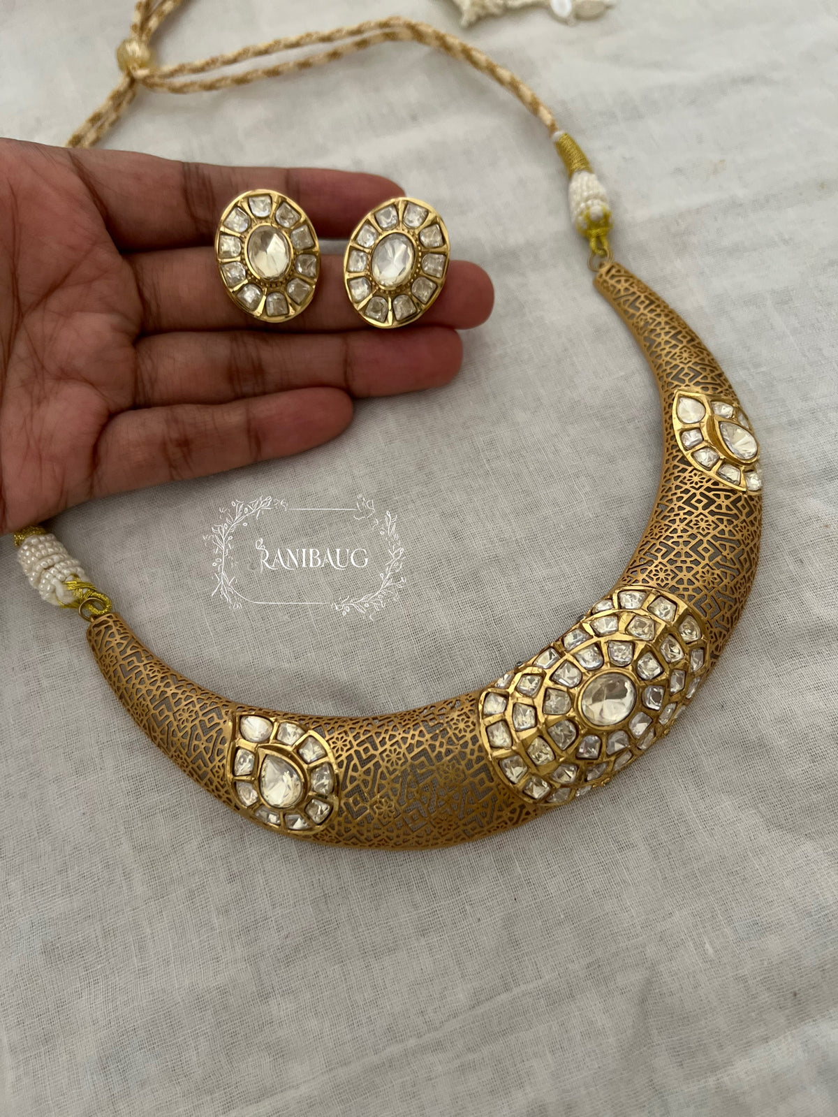 Arunaya Modern Polki Gold Finish Jali Designer Choker Jewellery Set By Ranibaug