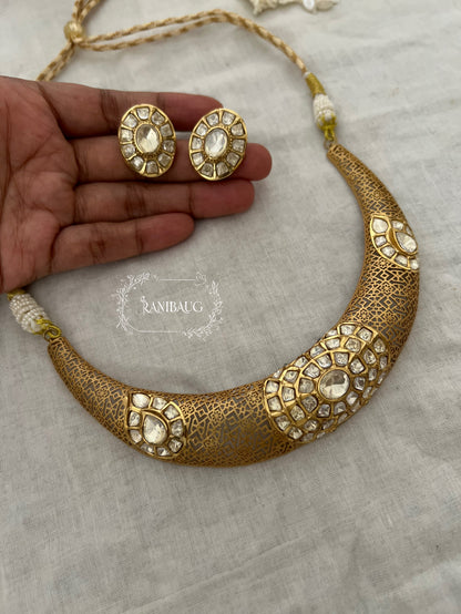 Arunaya Modern Polki Gold Finish Jali Designer Choker Jewellery Set By Ranibaug