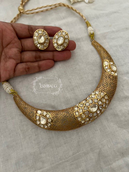 Arunaya Modern Polki Gold Finish Jali Designer Choker Jewellery Set By Ranibaug