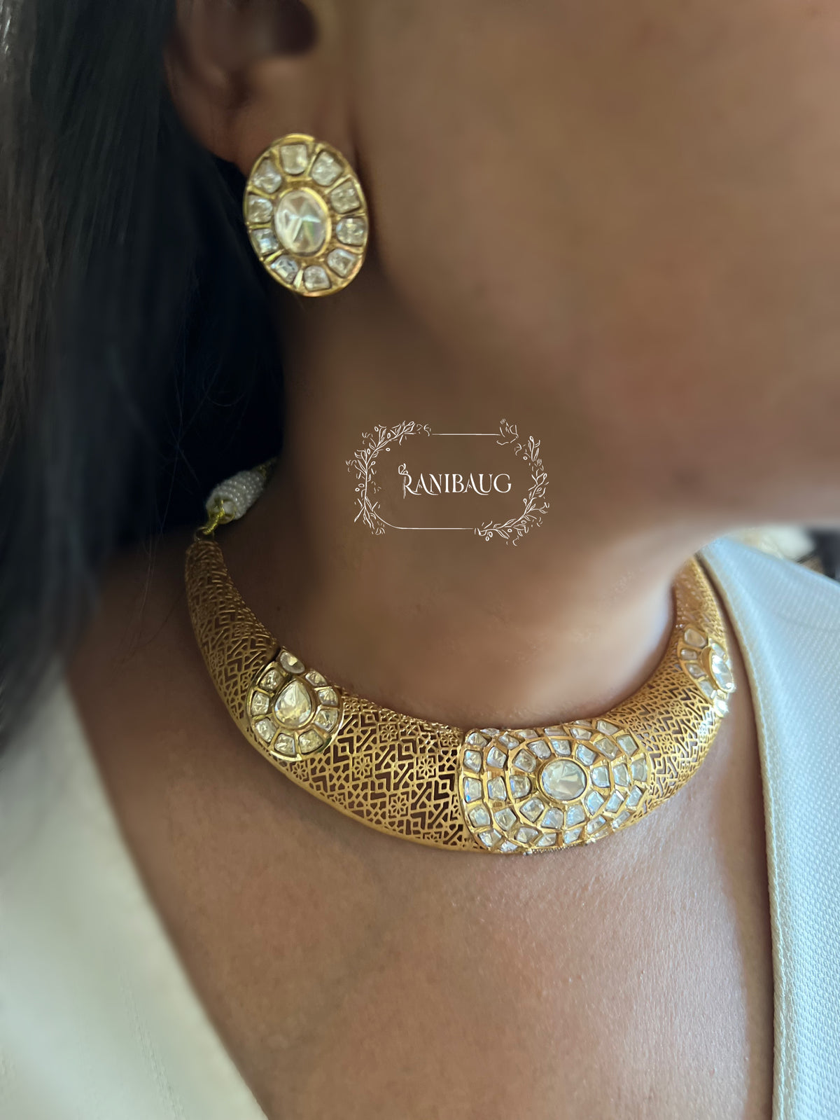 Arunaya Modern Polki Gold Finish Jali Designer Choker Jewellery Set By Ranibaug