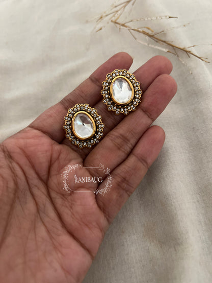 Arya Mossainite Polki Royal Stone Diamond Stud Earrings In Premium Victorian Finish By Ranibaug