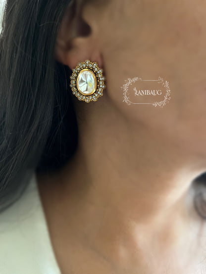 Arya Mossainite Polki Royal Stone Diamond Stud Earrings In Premium Victorian Finish By Ranibaug