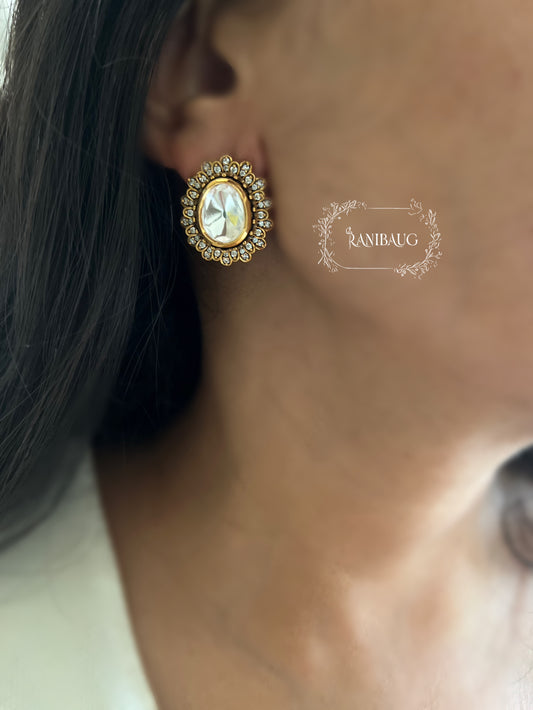 Arya Mossainite Polki Royal Stone Diamond Stud Earrings In Premium Victorian Finish By Ranibaug