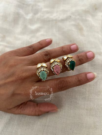Asha Handcrafted Teardrop Kundan Polki Rings By Ranibaug | The Royal Floral Bud Finger Jewelry | Wedding Collection 2026