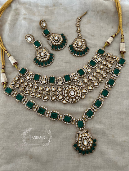 Ashi Royal Layered Emerald Green Gold Finish Polki Studded Necklace Set With Maang Tikka By Ranibaug